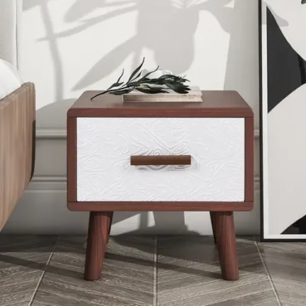Square End Table Side Table with 1 Drawer Adorned with Embossed Patterns,15”Tall Wood Legs and Handles for Living Room(Brown)